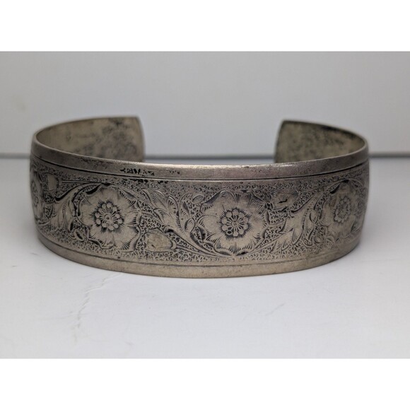 Danecraft Sterling Poppy Floral Etched Cuff Bracelet - Picture 1 of 6